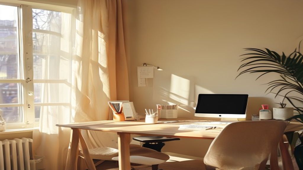 A serene morning workspace with natural light, showing someone beginning their day with good posture and alignment